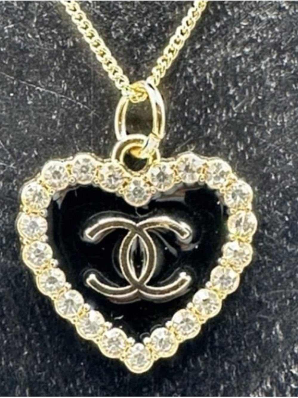 CHANEL Gold Heart Pendant Necklace CC Logo Rhinestone